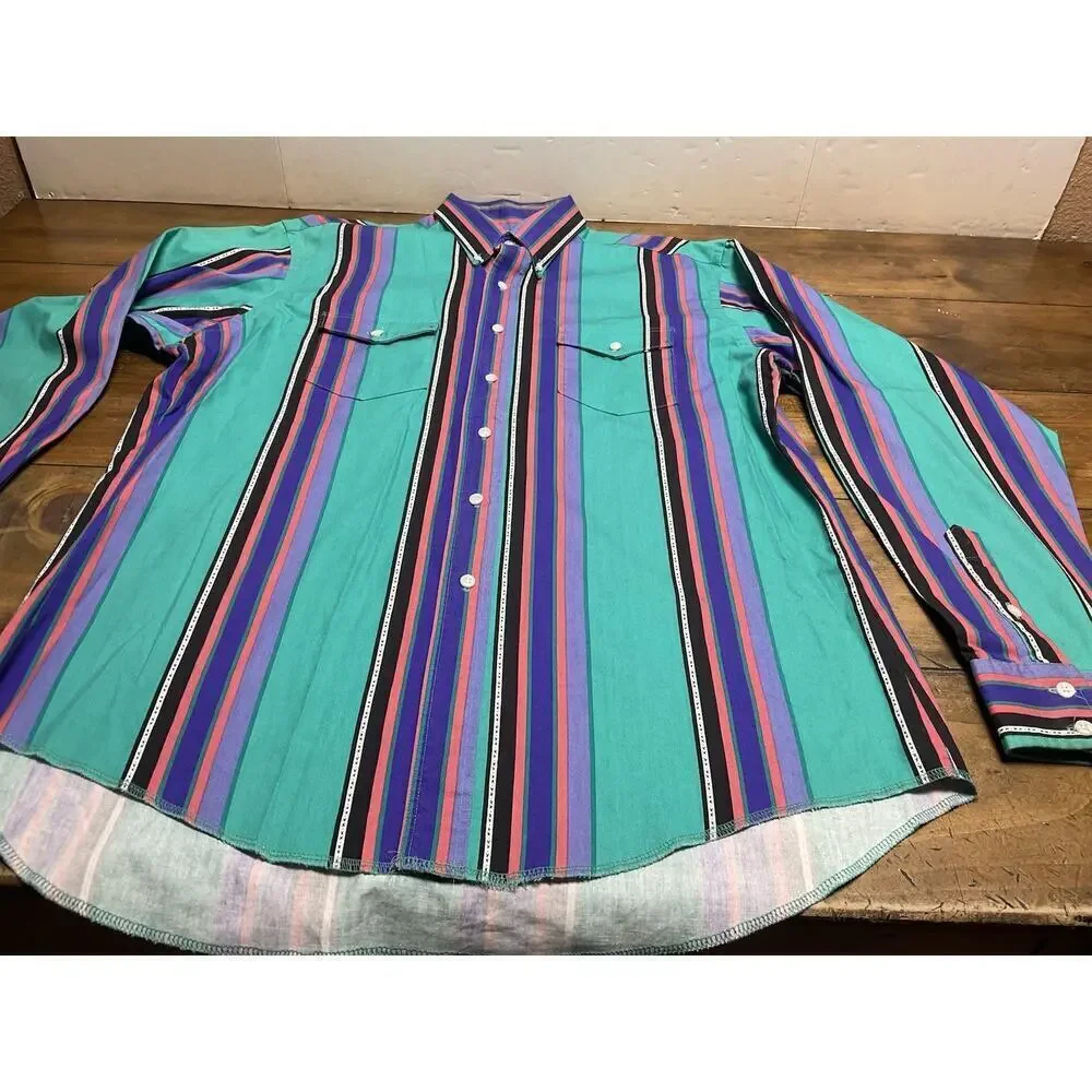 Vintage Wrangler Brushpopper Western Striped Button Up X-Long Tails 17x36 USA